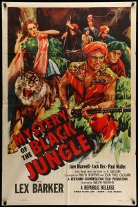 2b603 MYSTERY OF THE BLACK JUNGLE 1sh '55 art of Lex Barker w/rifle by tiger hunting in India!