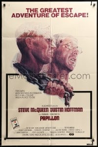 2b660 PAPILLON 1sh '73 wonderful art of prisoners Steve McQueen & Dustin Hoffman by Tom Jung!