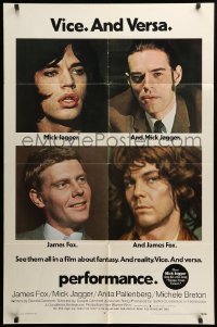 2b667 PERFORMANCE 1sh '70 directed by Nicolas Roeg, Mick Jagger & James Fox trading roles!
