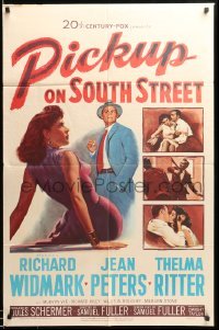 2b671 PICKUP ON SOUTH STREET 1sh '53 Richard Widmark & Jean Peters in Samuel Fuller noir classic!