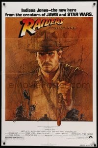 2b702 RAIDERS OF THE LOST ARK 1sh '81 great art of adventurer Harrison Ford by Richard Amsel!