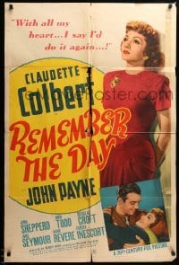 2b711 REMEMBER THE DAY 1sh '41 full-length pretty Claudette Colbert & held by John Payne!
