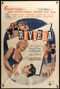 2b721 RIVIERA 1sh '54 sexy laughing Martine Carol in swimsuit lifted by Raf Vallone!