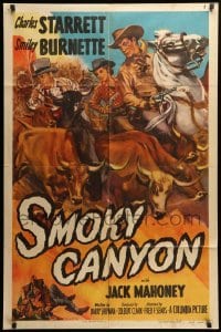 2b786 SMOKY CANYON 1sh '51 art of Charles Starrett & Smiley Burnette herding cattle!