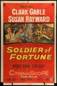 2b793 SOLDIER OF FORTUNE 1sh '55 art of Clark Gable shooting gun, plus sexy Susan Hayward!
