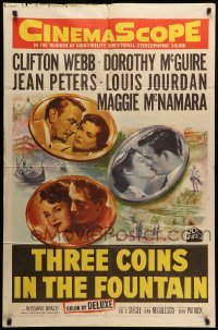 2b879 THREE COINS IN THE FOUNTAIN 1sh '54 Clifton Webb, Dorothy McGuire, Jean Peters, Jourdan!