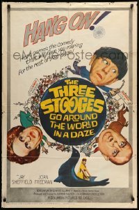 2b880 THREE STOOGES GO AROUND THE WORLD IN A DAZE 1sh '63 wacky art of Moe, Larry & Curly-Joe!