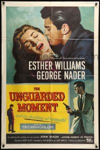 2b914 UNGUARDED MOMENT 1sh '56 art of Esther Williams threatened by John Saxon by Reynold Brown!