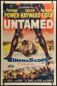 2b915 UNTAMED 1sh '55 cool art of Tyrone Power & Susan Hayward in Africa with natives!