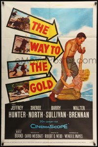 2b947 WAY TO THE GOLD 1sh '57 great art of barechested Jeffrey Hunter & Sheree North!