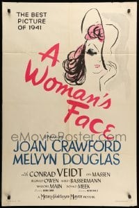 2b981 WOMAN'S FACE 1sh '41 Joan Crawford between Melvyn Douglas & Conrad Veidt!