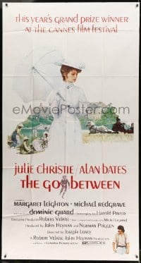 2c105 GO BETWEEN 3sh '71 art of Julie Christie with umbrella, directed by Joseph Losey