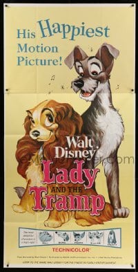 2c124 LADY & THE TRAMP 3sh R62 classic cartoon, Disney's happiest motion picture, great dog image!