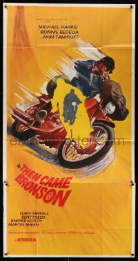 2c159 THEN CAME BRONSON int'l 3sh '70 cool artwork of Michael Parks on speeding motorcycle!