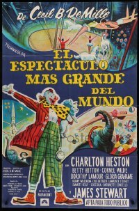 2c264 GREATEST SHOW ON EARTH Argentinean R60s art of clown James Stewart over circus montage!