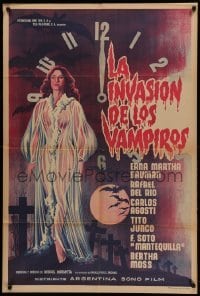 2c283 LA INVASION DE LOS VAMPIROS Argentinean '63 cool art of sexy vampire in see-through robe!