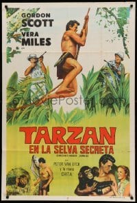 2c349 TARZAN'S HIDDEN JUNGLE Argentinean '55 artwork of Gordon Scott as Tarzan swinging on vine!