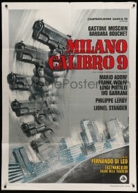 2c708 CALIBER 9 Italian 1p '72 Milano calibro 9, cool Casaro art of gun in motion over city!