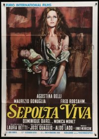 2c912 SEPOLTA VIVA Italian 1p '73 art of sexy half-naked Agostina Belli holding baby!