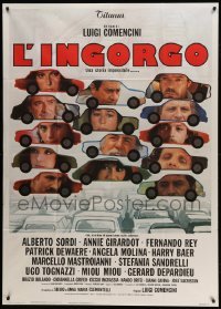 2c962 TRAFFIC JAM Italian 1p '81 L'Ingorgo - Una storia impossibile, Alberto Sordi, cool car art!