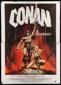 2c434 CONAN THE BARBARIAN Italian 2p '82 art of Arnold Schwarzenegger & Sandahl Bergman by Casaro!