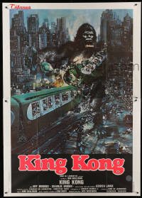 2c519 KING KONG Italian 2p '76 different art of BIG Ape destroying train by John Berkey!