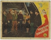 2d144 COWBOY & THE SENORITA LC '44 Roy Rogers & Dale Evans standing with five others by stairs!!
