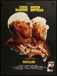 2f812 PAPILLON French 23x30 '74 great art of prisoners Steve McQueen & Dustin Hoffman by Tom Jung!