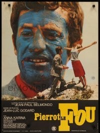 2f815 PIERROT LE FOU French 23x32 '65 Jean-Luc Godard, blue painted Jean-Paul Belmondo!