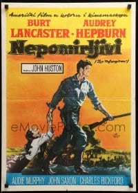 2f257 UNFORGIVEN Yugoslavian 20x28 '60 art of Burt Lancaster & Audrey Hepburn, John Huston!