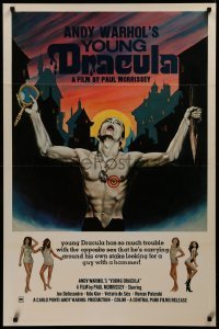 2g491 ANDY WARHOL'S DRACULA 1sh R76 Young Dracula Udo Kier holding a stake and mirror by Emmett!