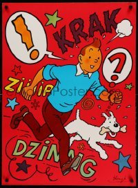 2g317 TINTIN 25x34 Danish commercial poster '70 Herge's classic character running w/dog!