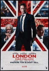 2g753 LONDON HAS FALLEN advance DS int'l 1sh '16 Gerard Butler, Eckhart, Morgan Freeman, Union Jack