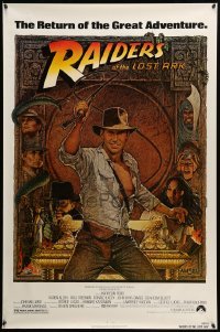 2g846 RAIDERS OF THE LOST ARK 1sh R82 great art of adventurer Harrison Ford by Richard Amsel!