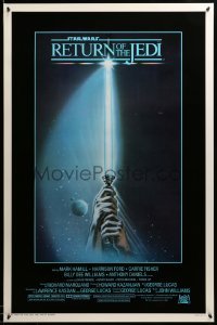 2g855 RETURN OF THE JEDI 1sh '83 George Lucas, art of hands holding lightsaber by Tim Reamer!