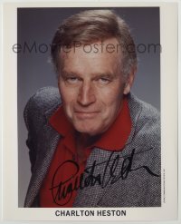 2j1073 CHARLTON HESTON signed color 8x10 REPRO still '90s head & shoulders portrait in suit jacket!