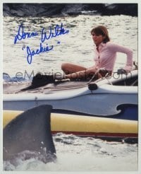 2j1114 DONNA WILKES signed color 8x10 REPRO still '90s as Jackie on raft circled by shark in Jaws 2!