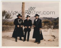 2j1231 LASH LA RUE signed color 8x10 REPRO still '92 posing with Johnny Cash & Waylon Jennings!