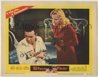 2j0392 STORM FEAR signed LC #6 '56 by Jean Wallace, who's staring at upset Cornel Wilde on bed!