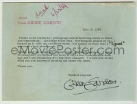 2j0030 GREER GARSON signed memo '59 giving instructions how to handle her fan mail!