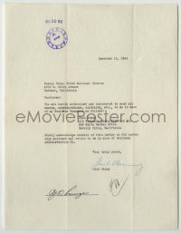 2j0031 JACK BENNY signed letter '46 asking Warner Bros to send his contracts to his manager!