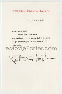 2j0035 KATHARINE HEPBURN signed letter '93 she apologized for not signing a photograph!