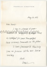 2j0026 FRANKLIN SCHAFFNER signed 7x11 letter '77 thanking Mallery for liking Islands in the Stream!