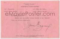 2j0111 JAMES CAGNEY signed 6x9 office memo '42 it can be framed and displayed with a repro still!