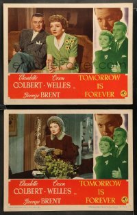 2k972 TOMORROW IS FOREVER 2 LCs '45 Claudette Colbert & George Brent, border art of Orson Welles!