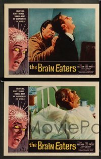 2k528 BRAIN EATERS 4 LCs '58 AIP sci-fi, close up of Alan Frost & Joanna Lee, cool border art!