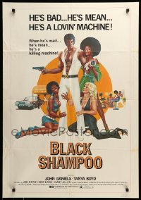 2p105 BLACK SHAMPOO 25x36 1sh '76 wild blaxploitation art, he's a bad, mean, lovin' machine!