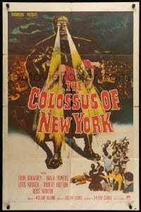 2p172 COLOSSUS OF NEW YORK 1sh '58 great art of robot monster holding sexy girl & attacking!