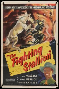 2p266 FIGHTING STALLION 1sh '50 cool wild horse fight artwork, the screen explodes into flame!