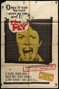 2p275 FLY 1sh '58 classic sci-fi, close up of girl screaming as seen through fly's eyes!